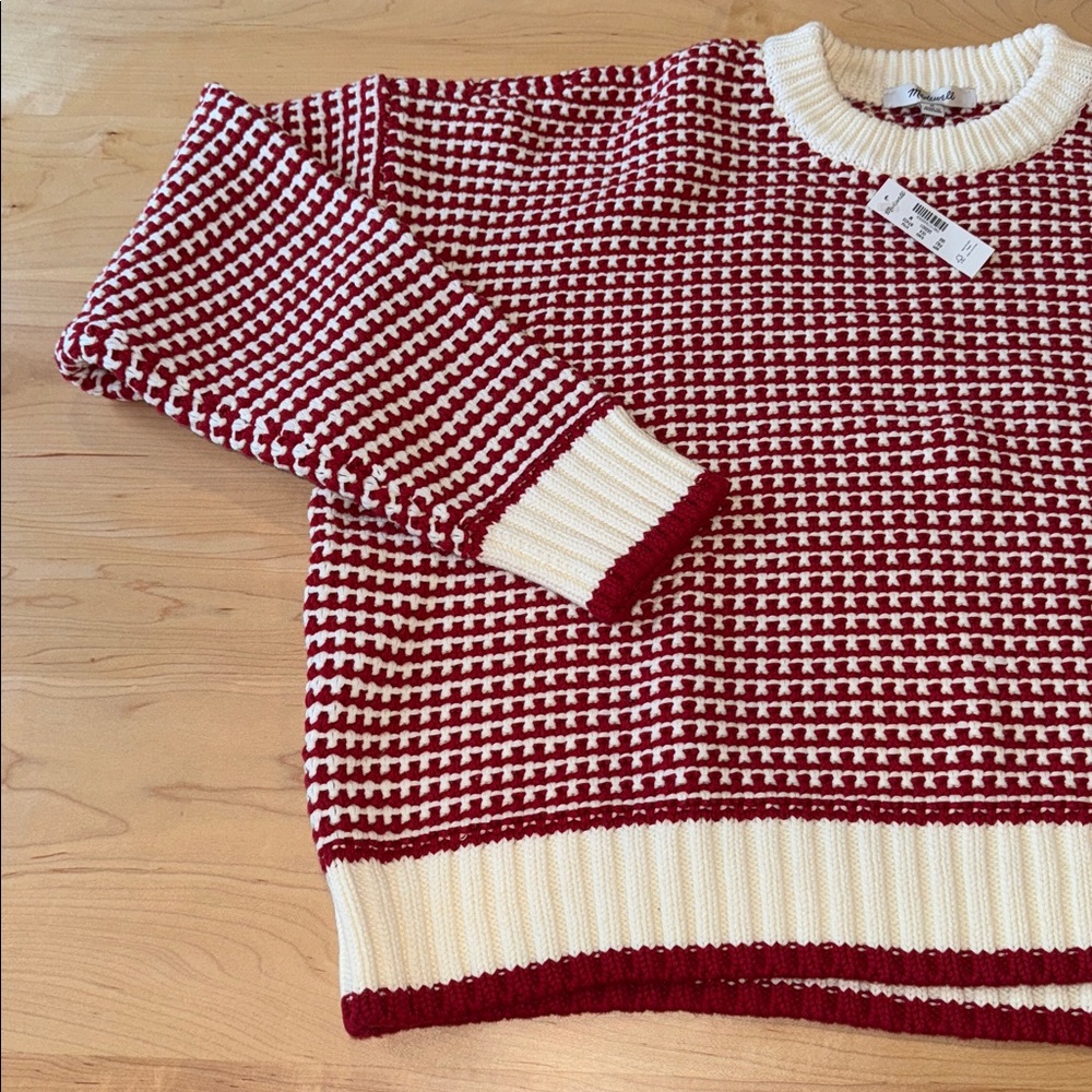 Women’s Madewell Textured Stitch Crewneck Sweater in  Ivory and Ruby Stripe M - Picture 6 of 12
